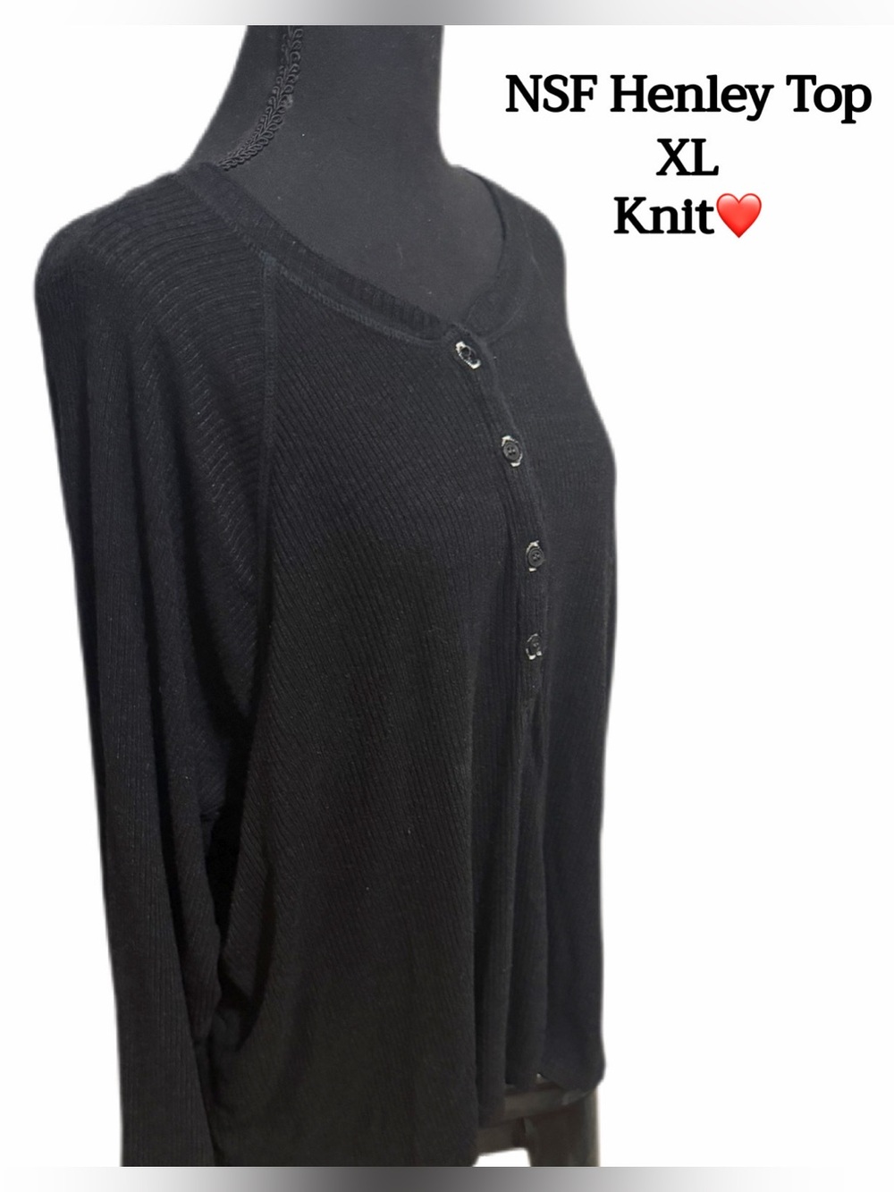 NSF Womens Henley Knit XL Black Cozy top with drop shoulders, oversized feel❤️